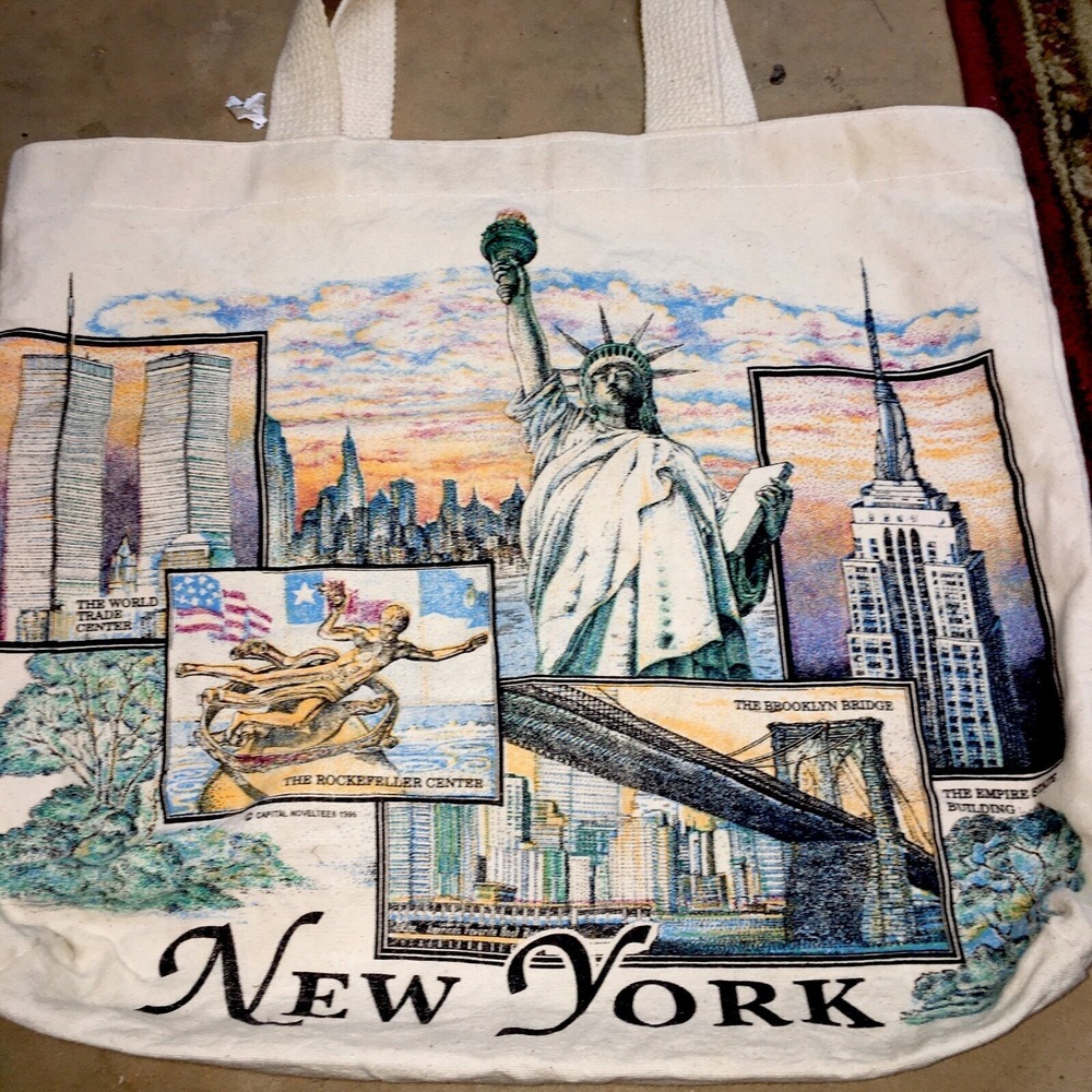 VTG Graphic New York Iconic Sites Twin Towers Statute of Liberty Canvas Tote Bag